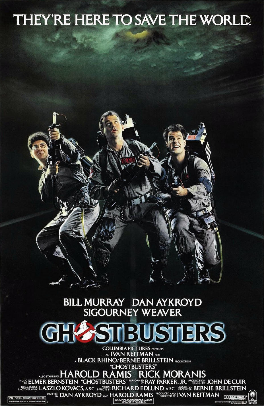 Ghostbusters (1984) movei poster featuring Bill Murray, Dan Aykroyd, and Harold Ramis